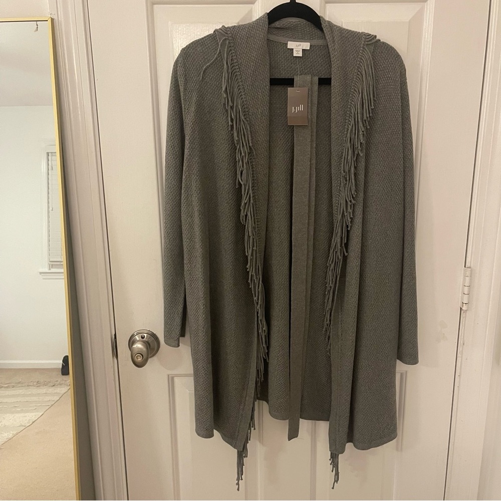 NWT J.Jill dark grey fringe long sleeve hooded duster - Picture 12 of 13